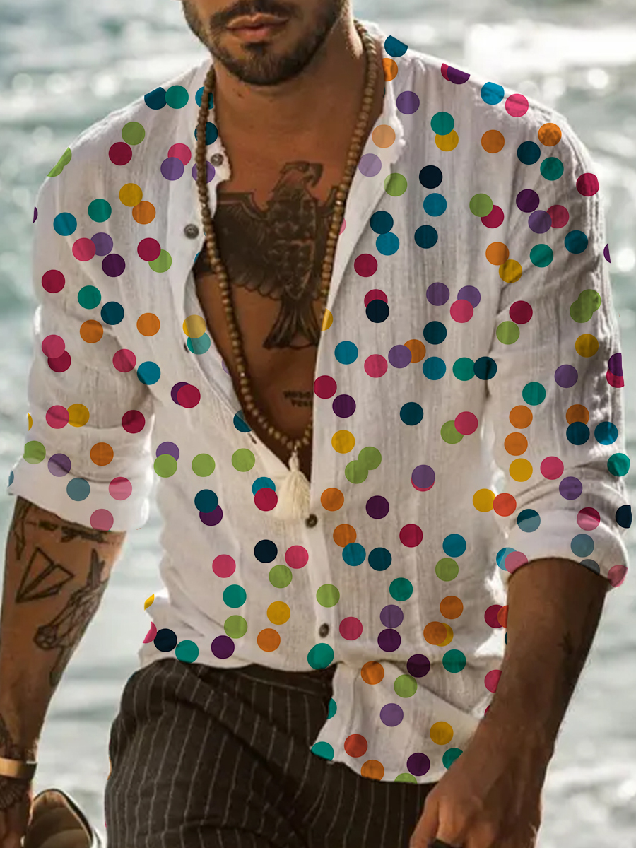 Retro Colorful Polka Dots Pattern Easy Care Aloha Long Sleeve Shirts