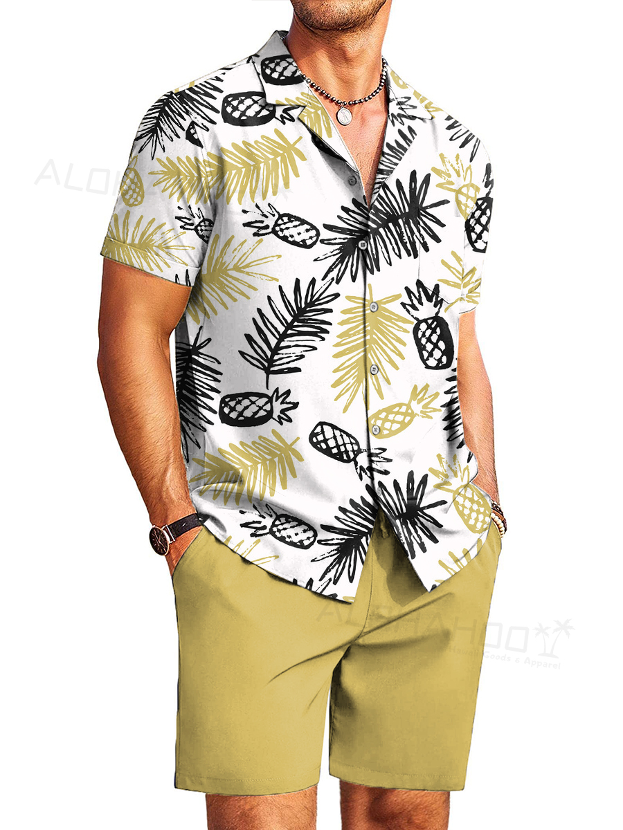 Men's Sets Pineapple Print Button Pocket Two-Piece Hawaiian Shirt Shorts Set