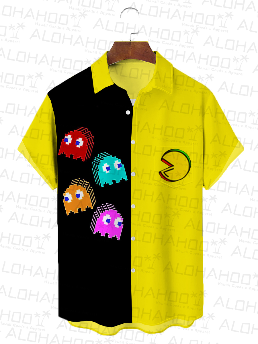 Men's Hawaiian Shirts Fun Nostalgic Game Art Print Short Sleeve Bowling Style Shirt