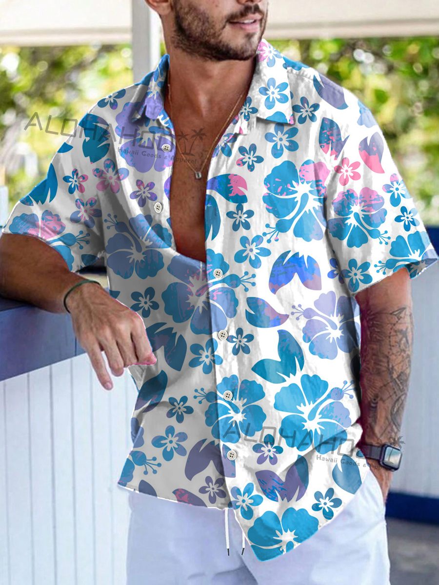 Men's Hawaiian Shirts Tropical Hibiscus Pattern Loose Short-Sleeved Shirt