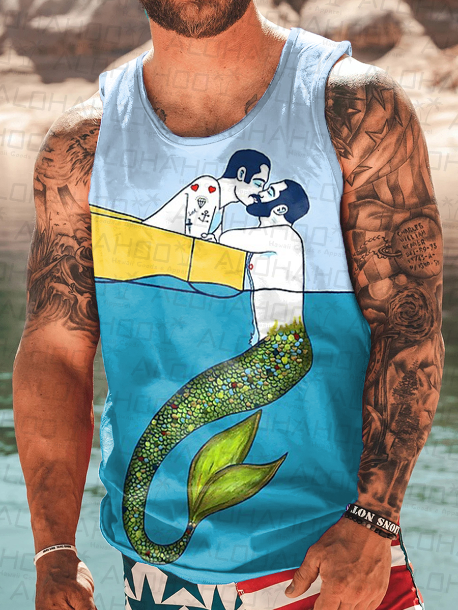 Men's Tank Top Pride Kissing Merman Print Crew Neck Tank T-Shirt Muscle Tee