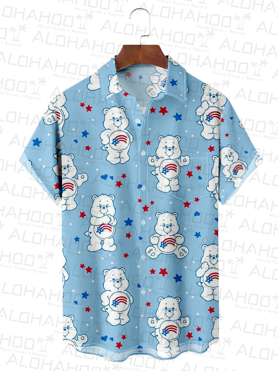 Men's Hawaiian Shirt Happy Independent Day Cartoon Bear Art Print Beach Easy Care Short Sleeve Shirt