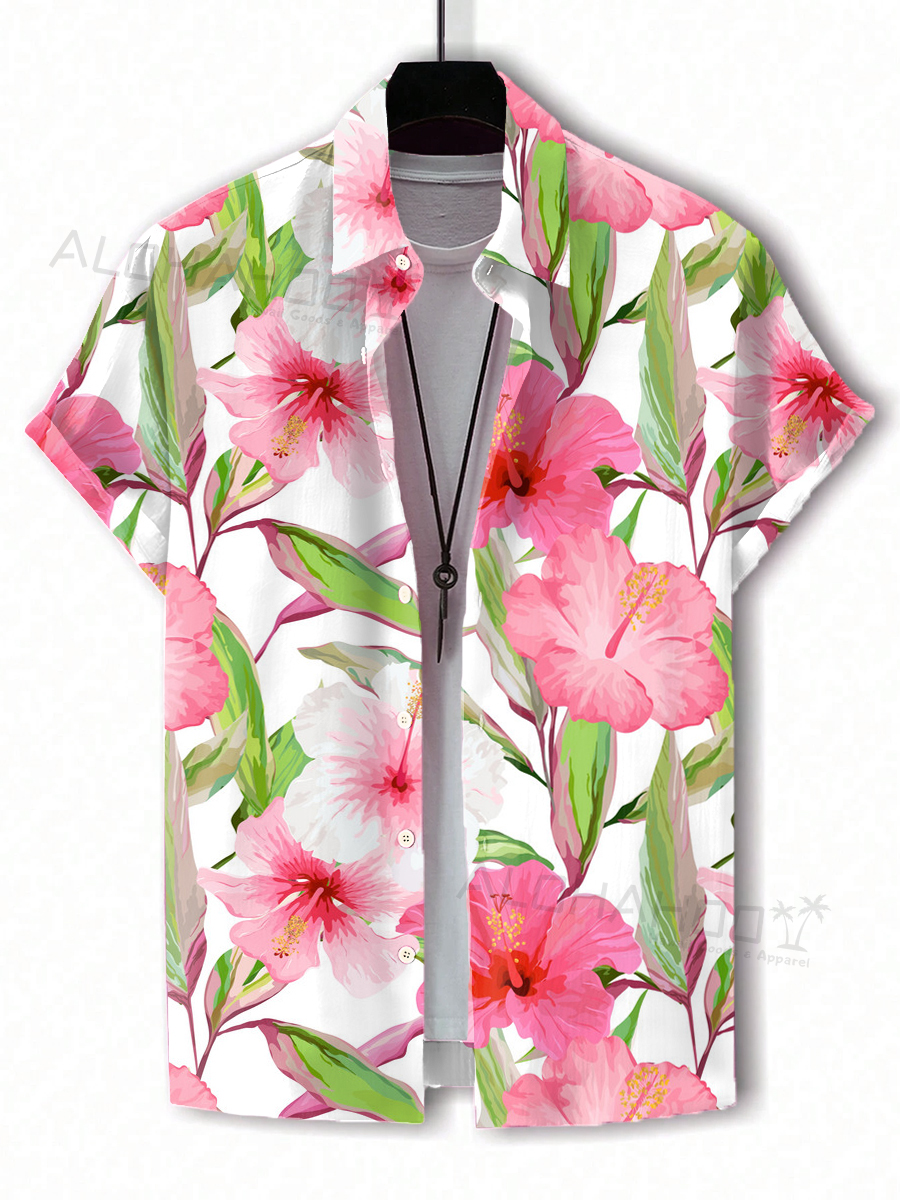 Men's Hawaiian Shirts Tropical Pink Hibiscus Pattern Loose Short-Sleeved Shirt