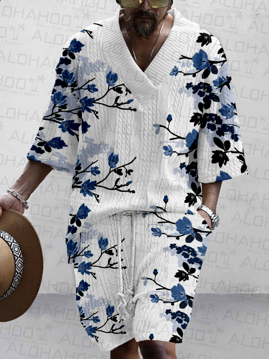 Men's Retro Floral Print Stylish Knit Shirt Set
