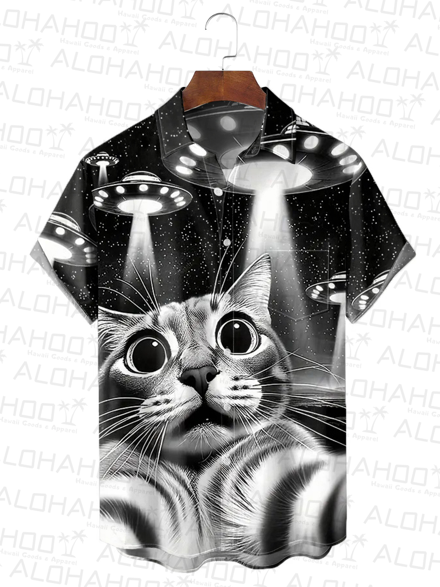 Men's Hawaiian Shirt Fun Saving Cat Print Beach Easy Care Short Sleeve Shirt
