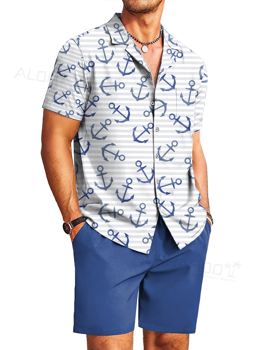 Men's Sets Nautical Anchor Print Button Pocket Two-Piece Hawaiian Shirt Shorts Set