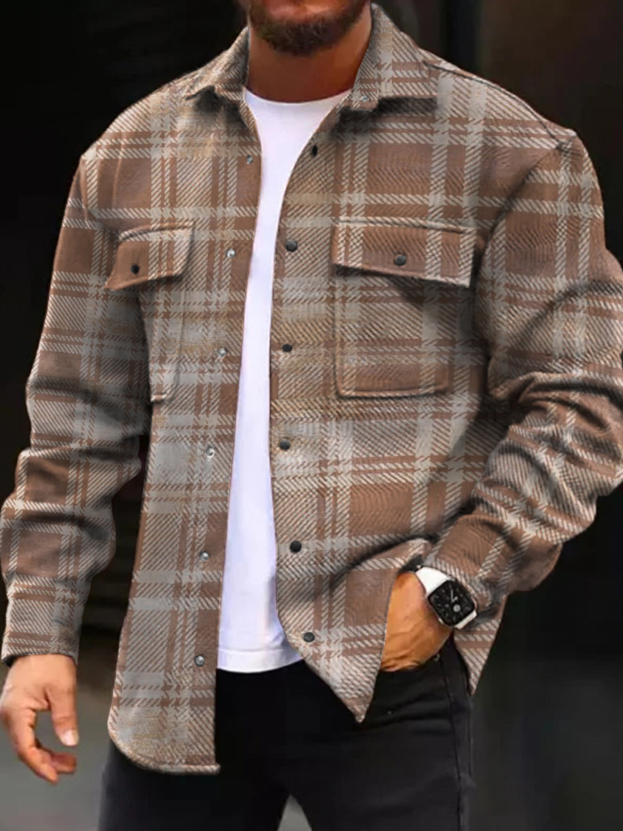 Men's Casual Jacket Retro Plaid Print Long Sleeve Pockets Shirt Jacket