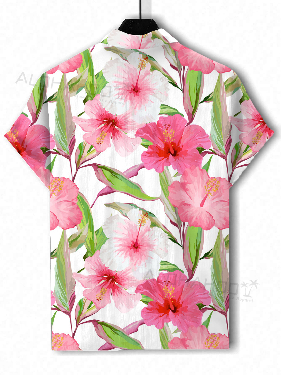 Men's Hawaiian Shirts Tropical Pink Hibiscus Pattern Loose Short-Sleeved Shirt