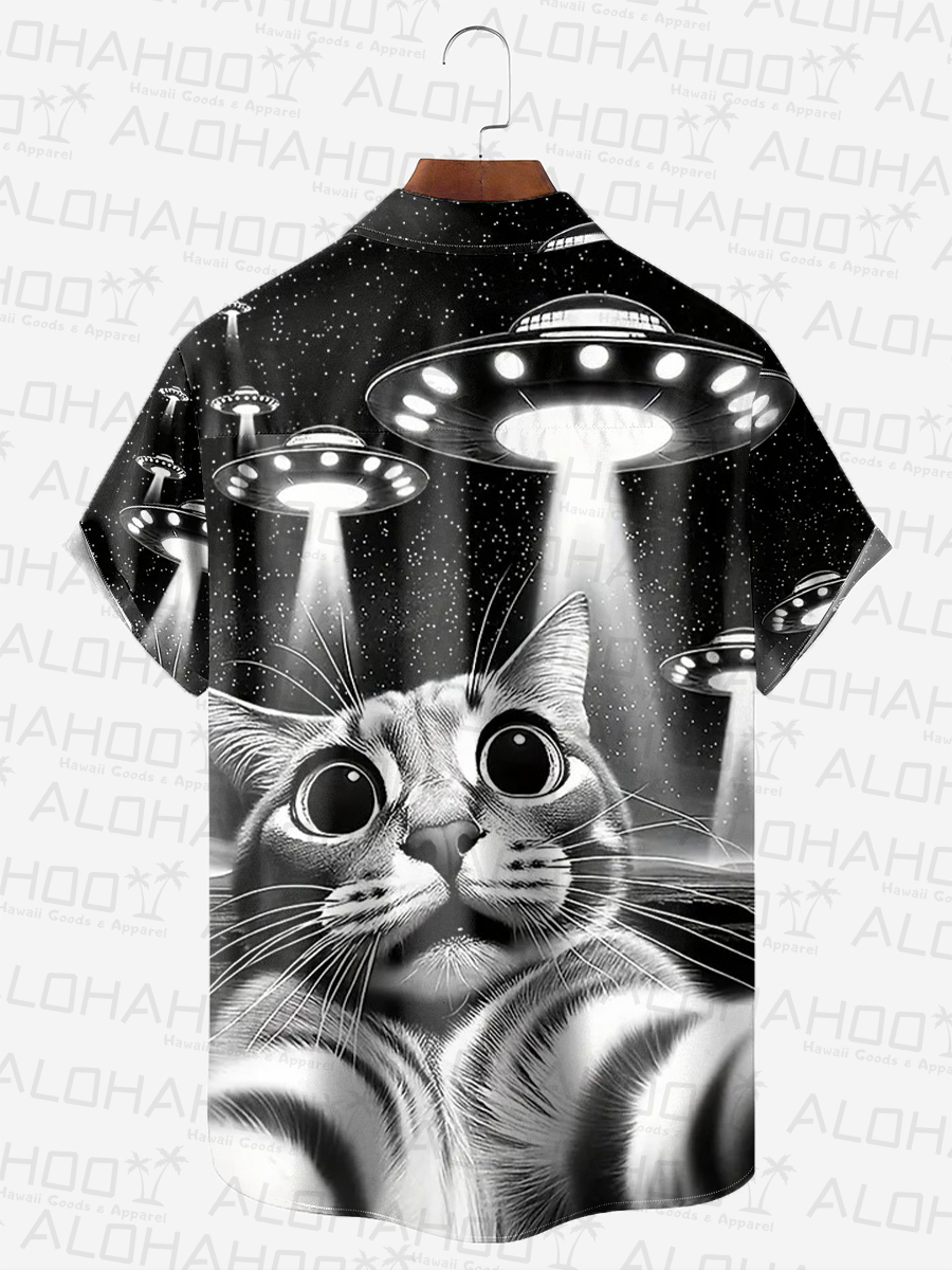 Men's Hawaiian Shirt Fun Saving Cat Print Beach Easy Care Short Sleeve Shirt