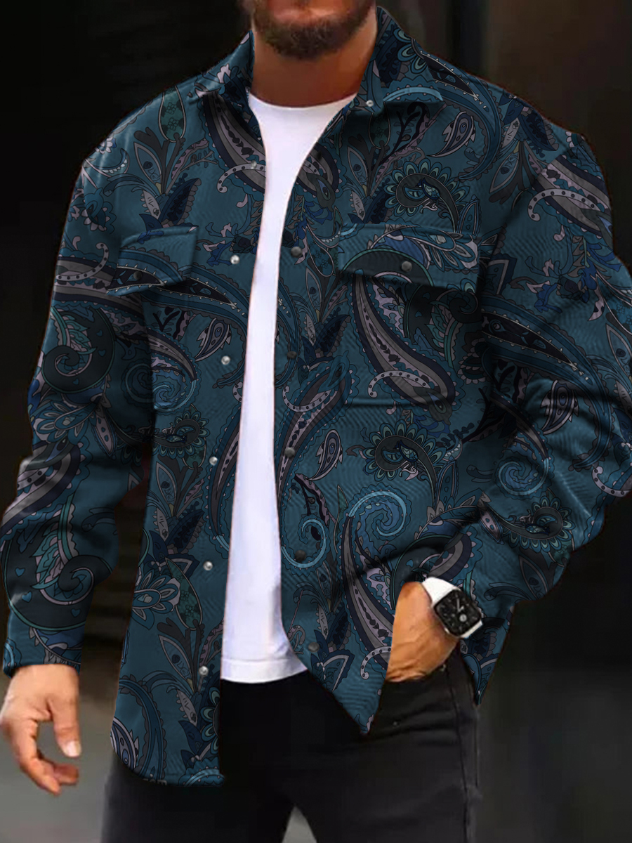 Men's Casual Jacket Retro Paisley Pattern Long Sleeve Pockets Shirt Jacket