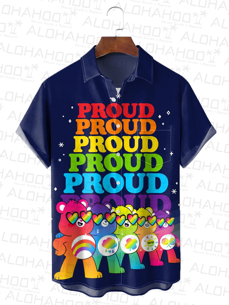 Men's Hawaiian Shirt Rainbow Bear Print Beach Easy Care Short Sleeve Shirt