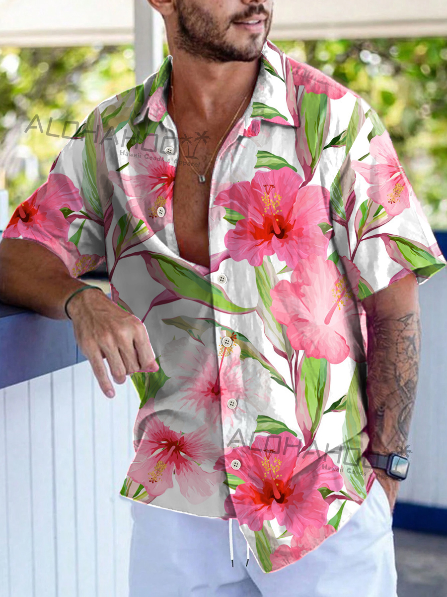 Men's Hawaiian Shirts Tropical Pink Hibiscus Pattern Loose Short-Sleeved Shirt