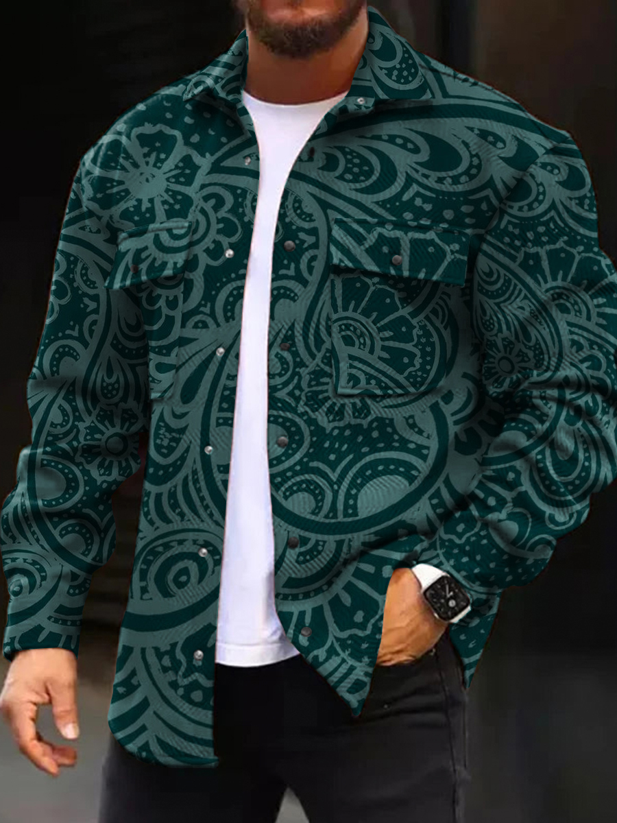 Men's Retro Green Paisley Pattern Long Sleeve Pockets Shirt Jacket