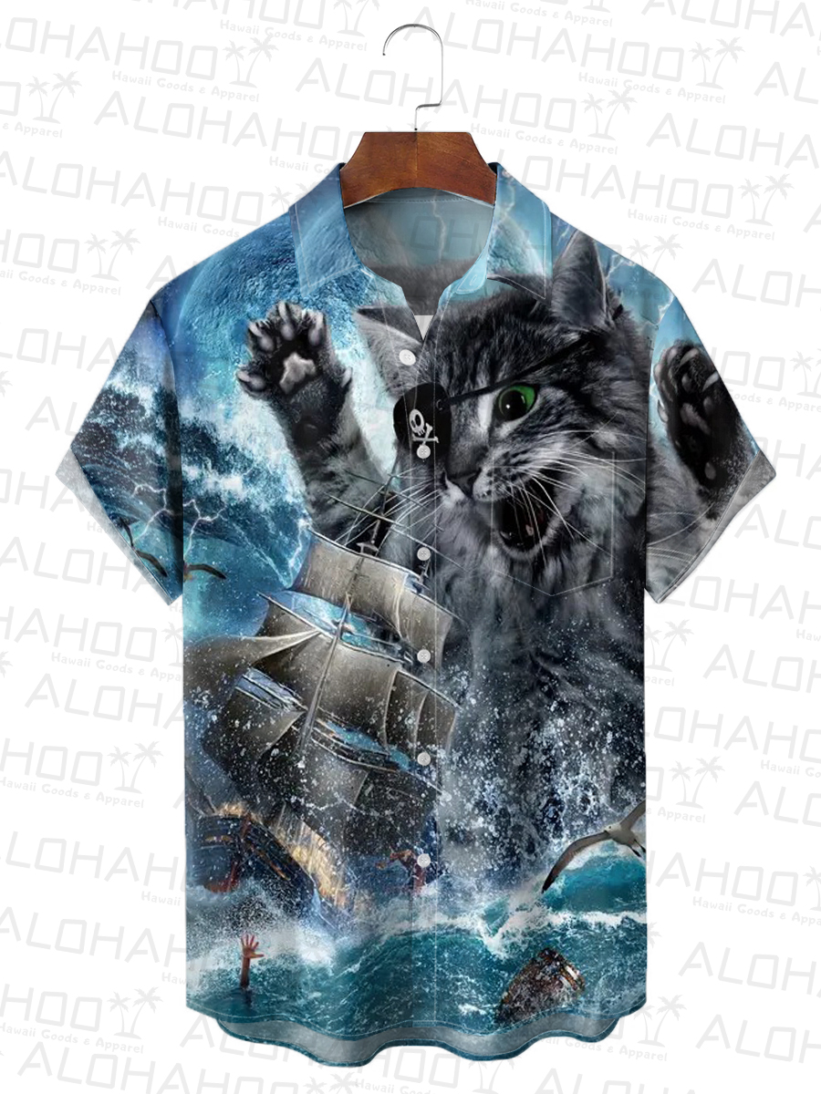 Men's Hawaiian Shirt Fun Monster Titan Cat Kraken Print Beach Easy Care Short Sleeve Shirt