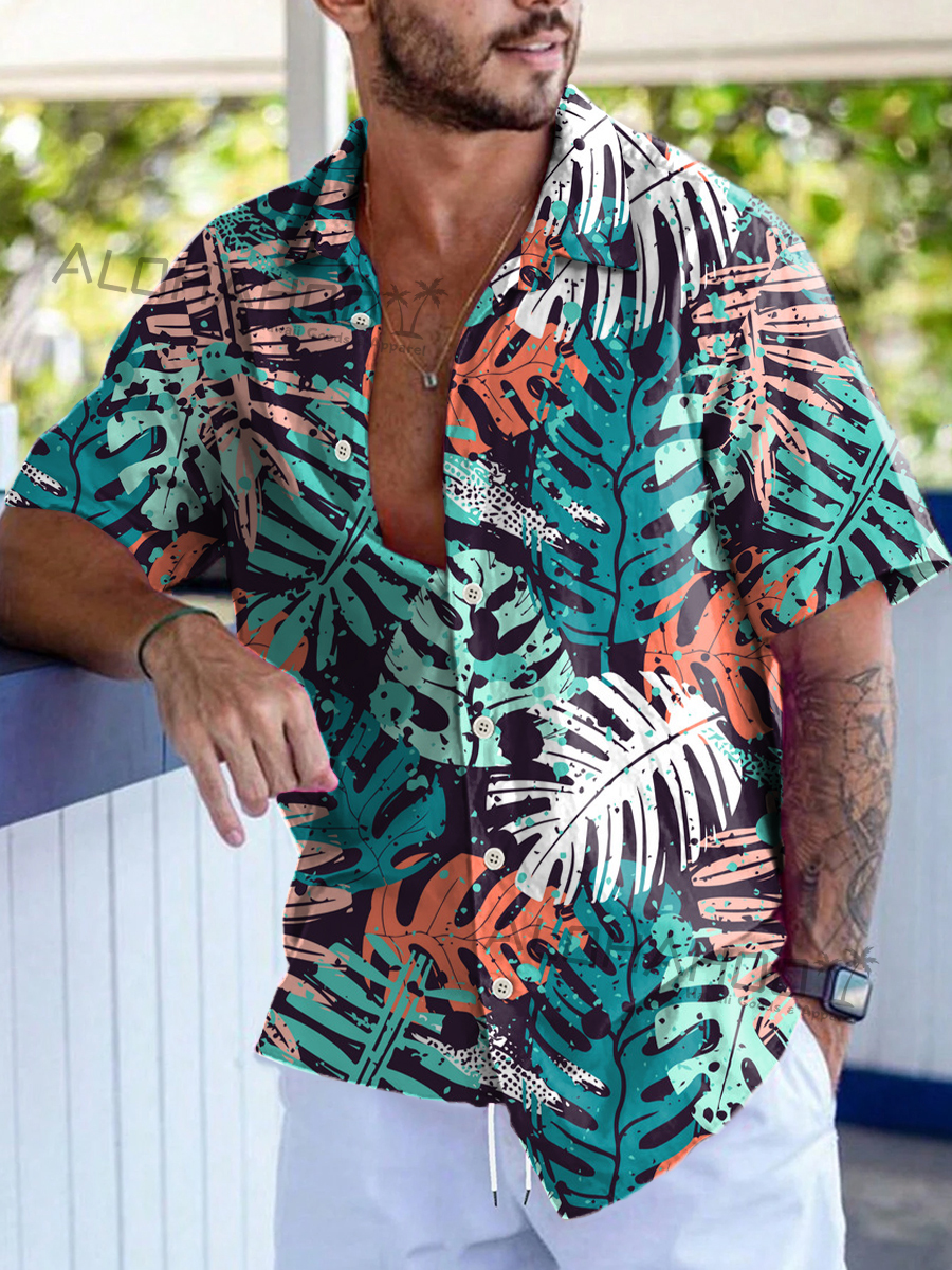 Men's Hawaiian Shirts Tropical Palm Pattern Loose Short-Sleeved Shirt