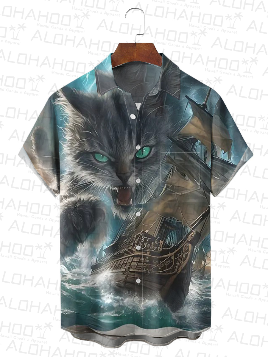 Men's Hawaiian Shirt Fun Monster Titan Cat Kraken Print Beach Easy Care Short Sleeve Shirt