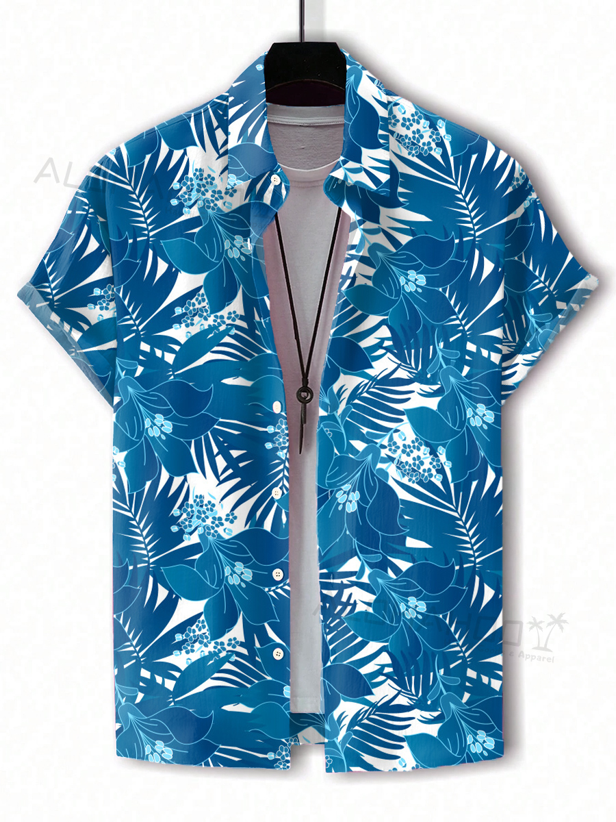 Men's Hawaiian Shirts Tropical Hibiscus Palm Pattern Loose Short-Sleeved Shirt