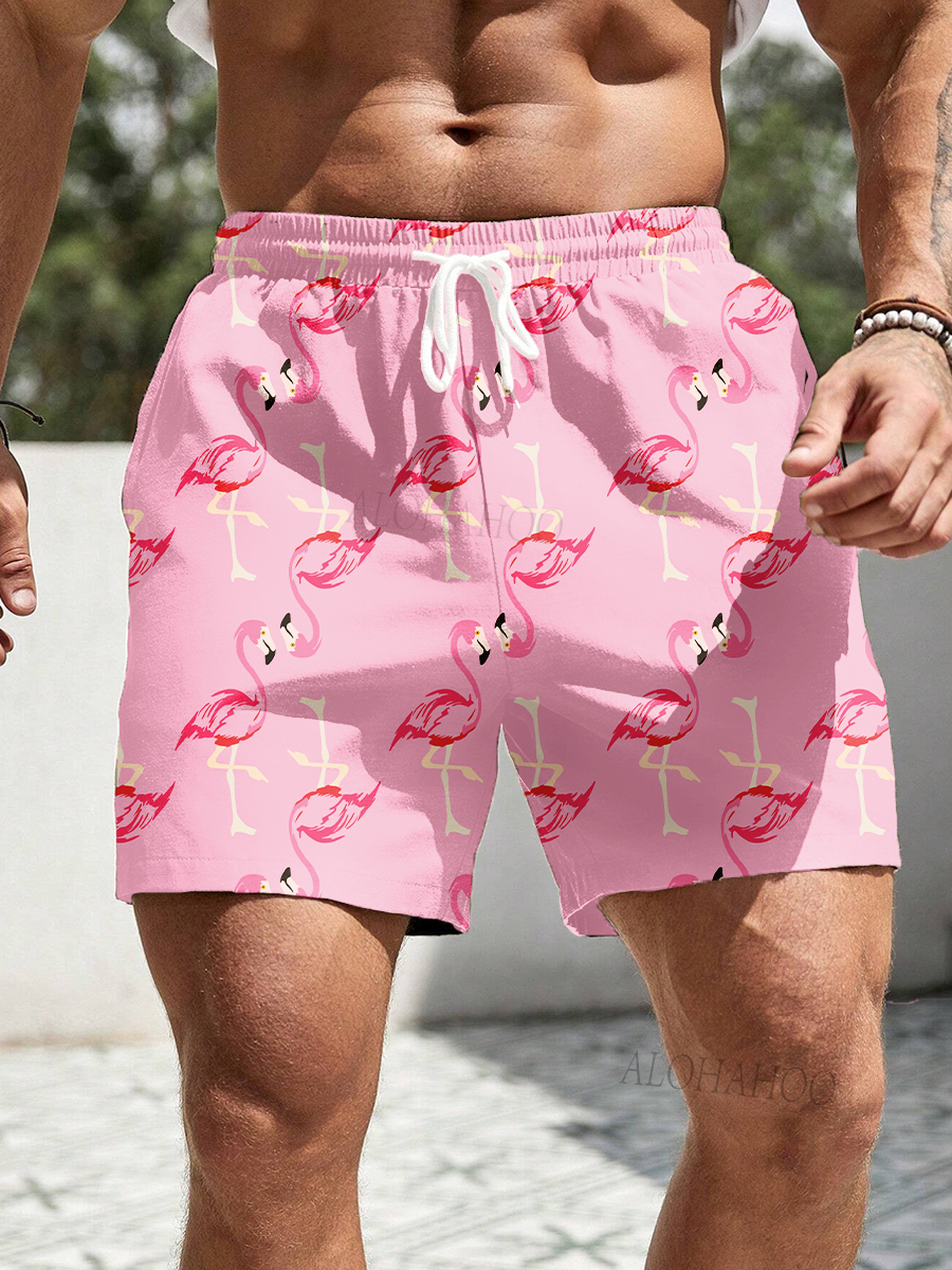 Men's Shorts Holiday Pink Flamingo Print Beach Shorts