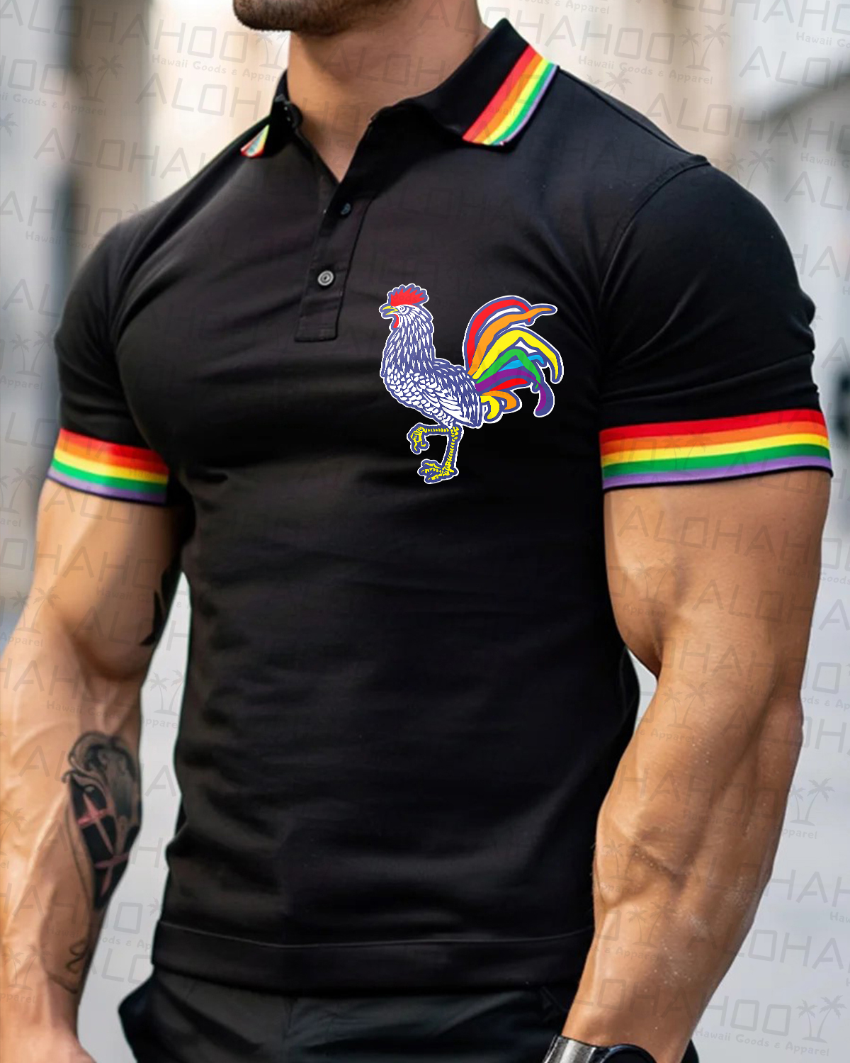 Men's Rainbow Stripes Cocky Pride Polo Shirt