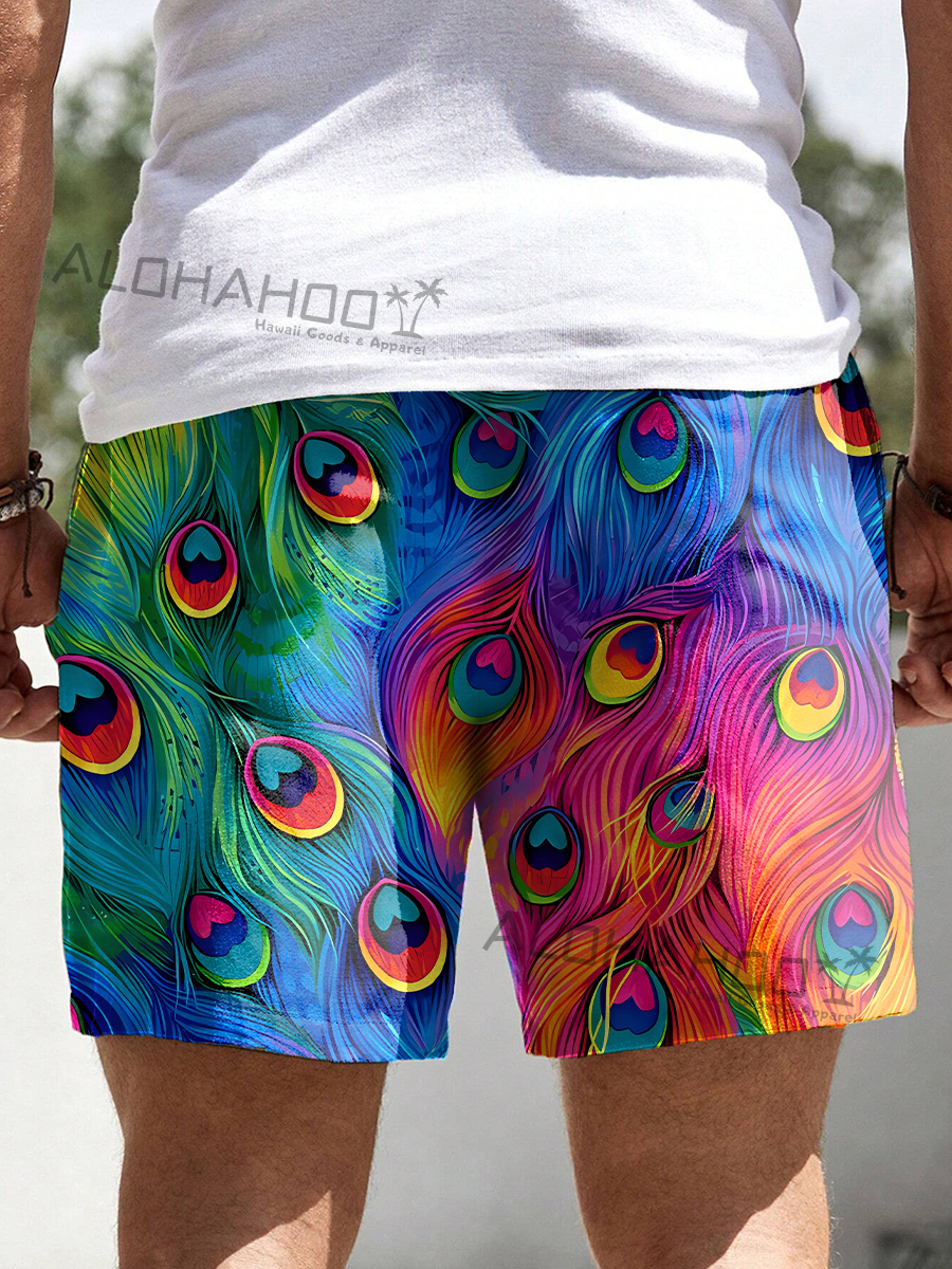 Men's Hawaiian Rainbow Peacock Feather Loose Beach Shorts