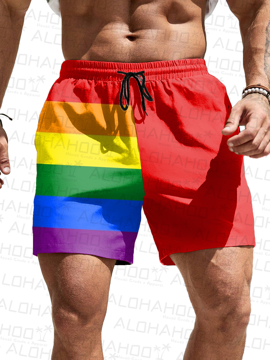Men's Shorts Holiday Rainbow Stripes Print Beach Shorts