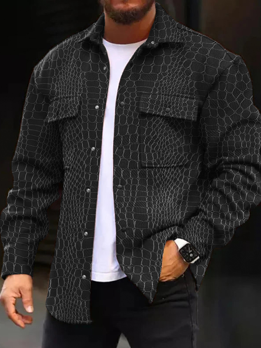 Men's Casual Jacket Alligator Pattern Long Sleeve Pockets Shirt Jacket