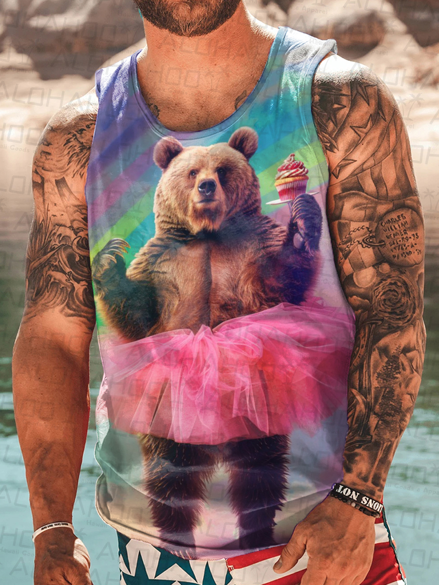 Men's Pride Bear In Pink Dress Art Print Tank Top Muscle Tee