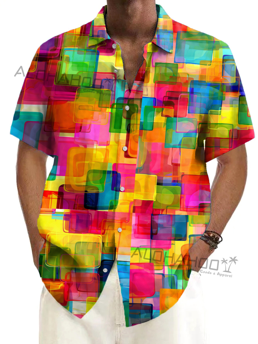 Alohahoo X Artist Pride Rainbow Geometry Pattern Short-Sleeved Hawaiian Shirt