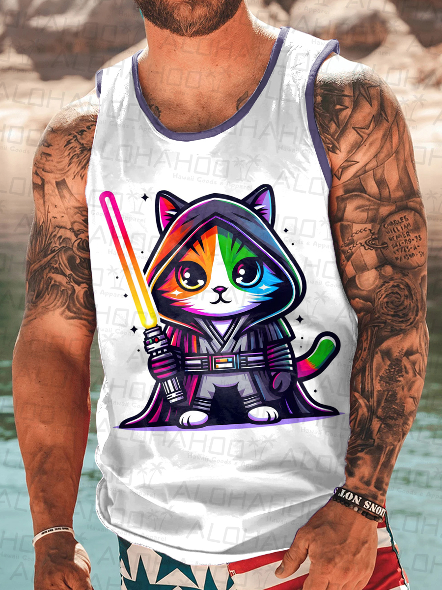 Men's Tank Top Rainbow Cat Art Print Crew Neck Tank T-Shirt Muscle Tee