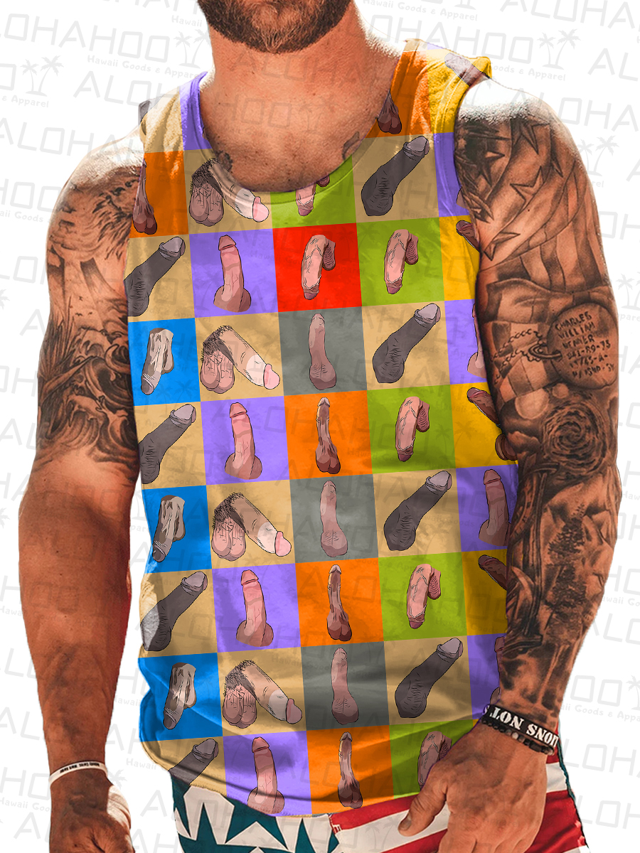 Mens Sexy Colorblock Cocks Art Print Crew Neck Tank Top Muscle Tee