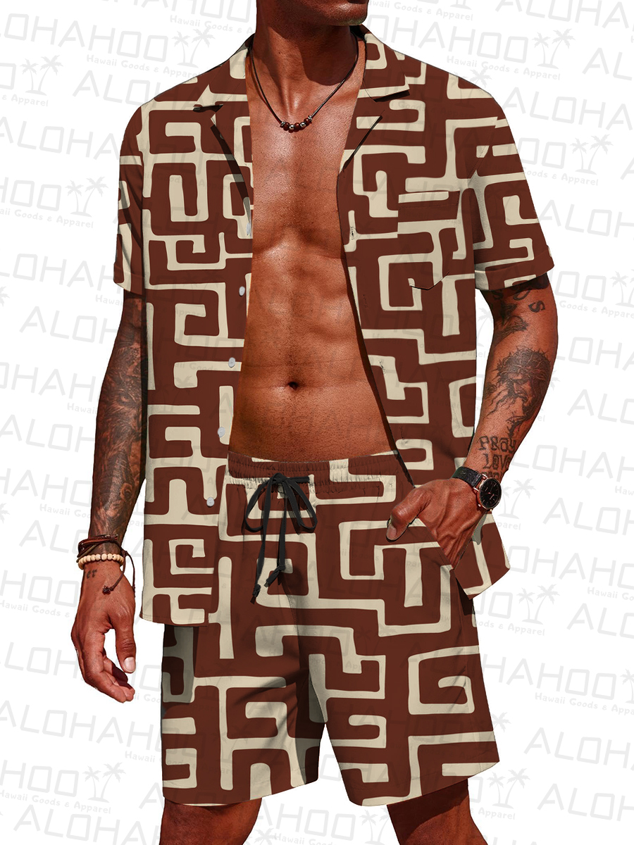 Men's Sets Hawaiian African Kuba Ethnic Pattern Button Pocket Two-Piece Shirt Shorts Set