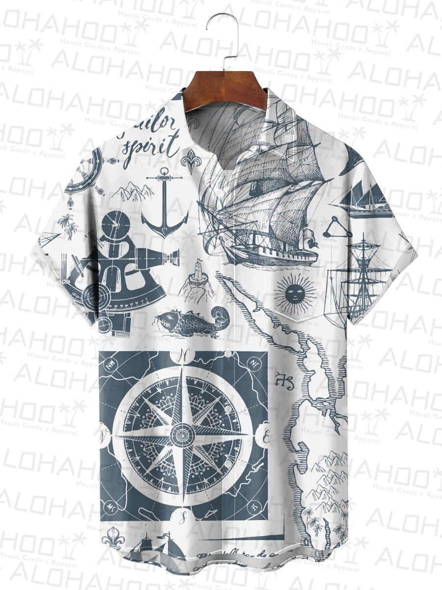 Nautical Pirate Boat Print Short Sleeve Button Down Shirt