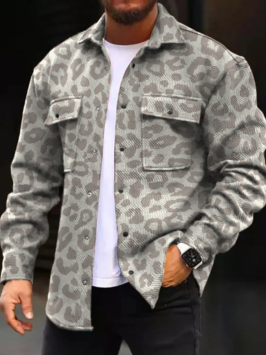 Men's Casual Jacket Retro Leopard Pattern Long Sleeve Pockets Shirt Jacket