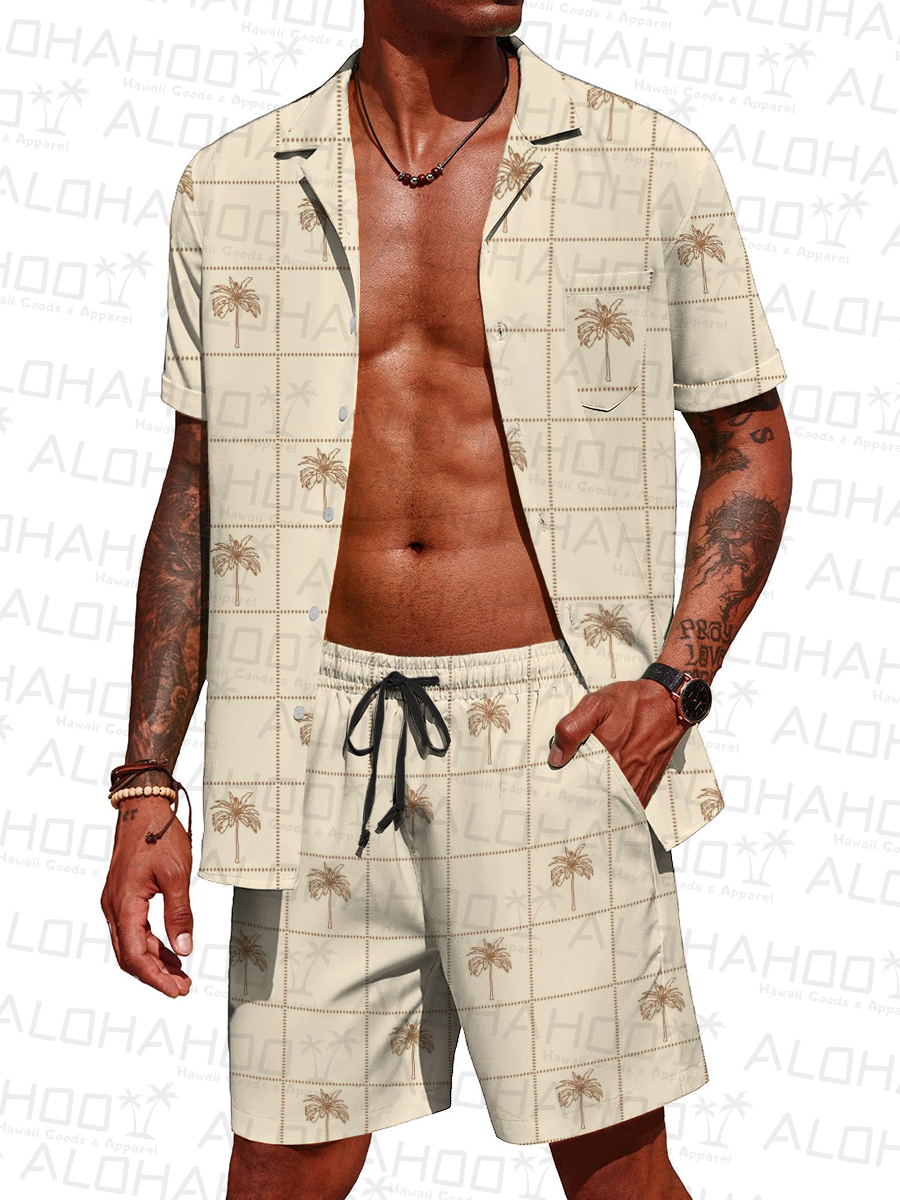 Men's Sets Hawaiian Coconut Tree Pattern Button Pocket Two-Piece Shirt Shorts Set