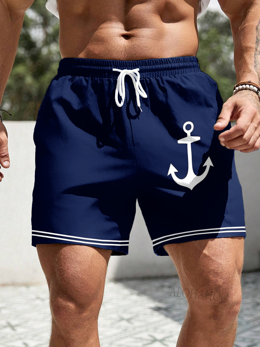Men's Shorts Holiday Navy Anchor Print Beach Shorts
