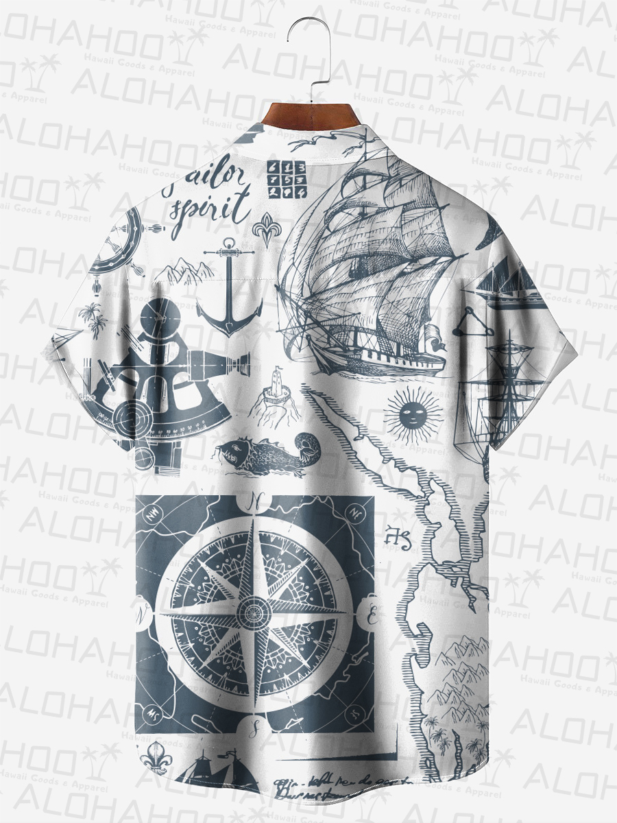 Nautical Pirate Boat Print Short Sleeve Button Down Shirt