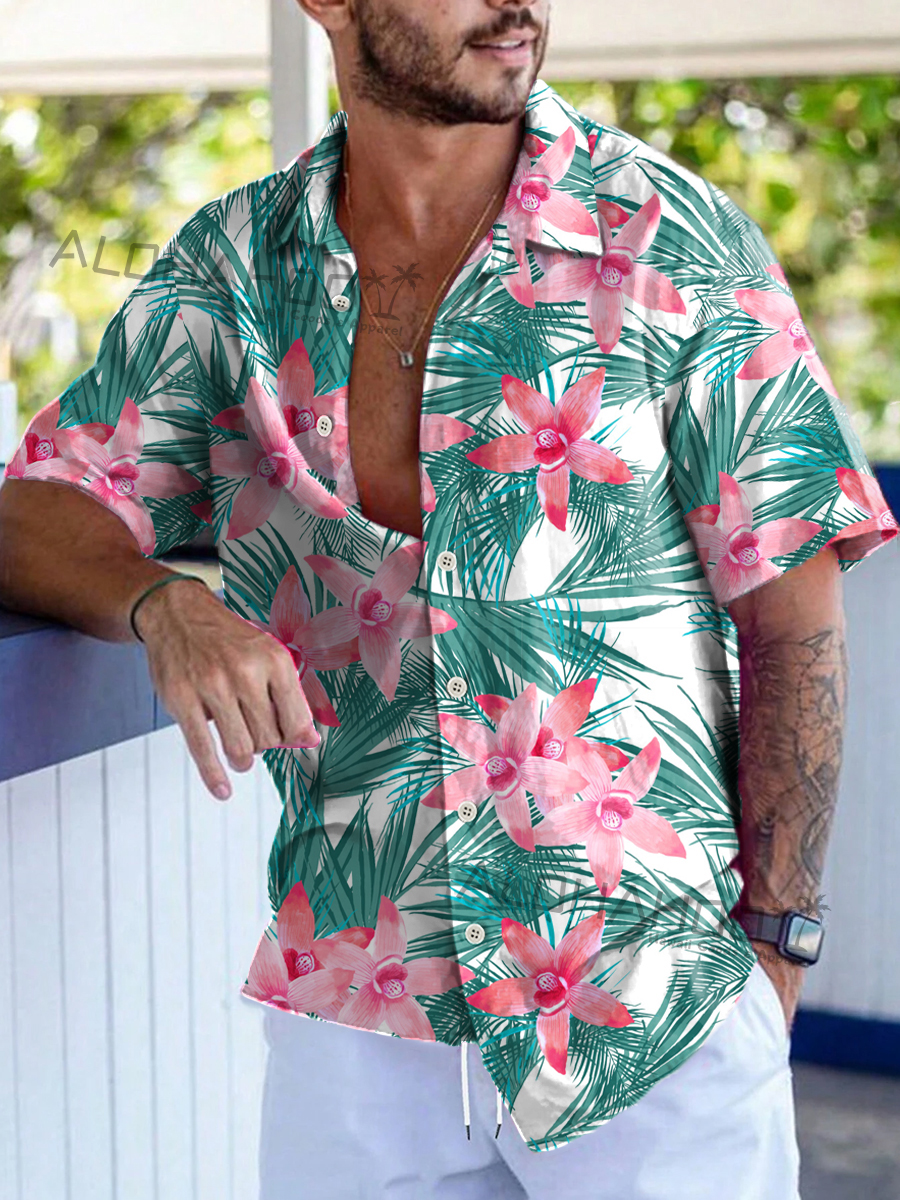 Men's Hawaiian Shirts Tropical Floral Palm Pattern Loose Short-Sleeved Shirt