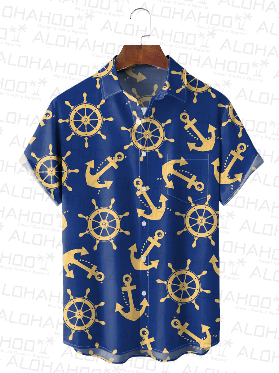 Ship Helms And Anchors Print Short Sleeve Button Down Shirt