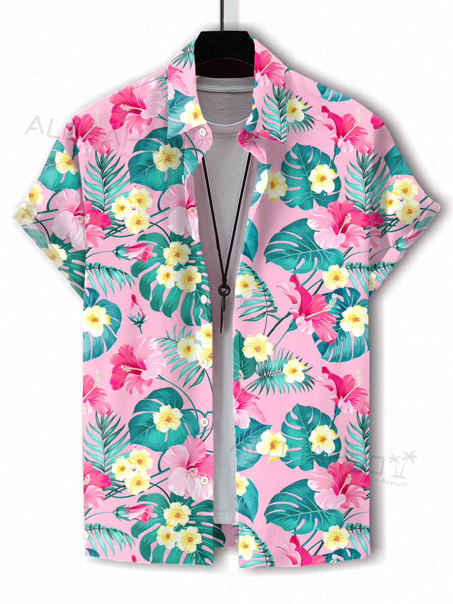 Men's Hawaiian Shirts Tropical Hibiscus Palm Pattern Loose Short-Sleeved Shirt