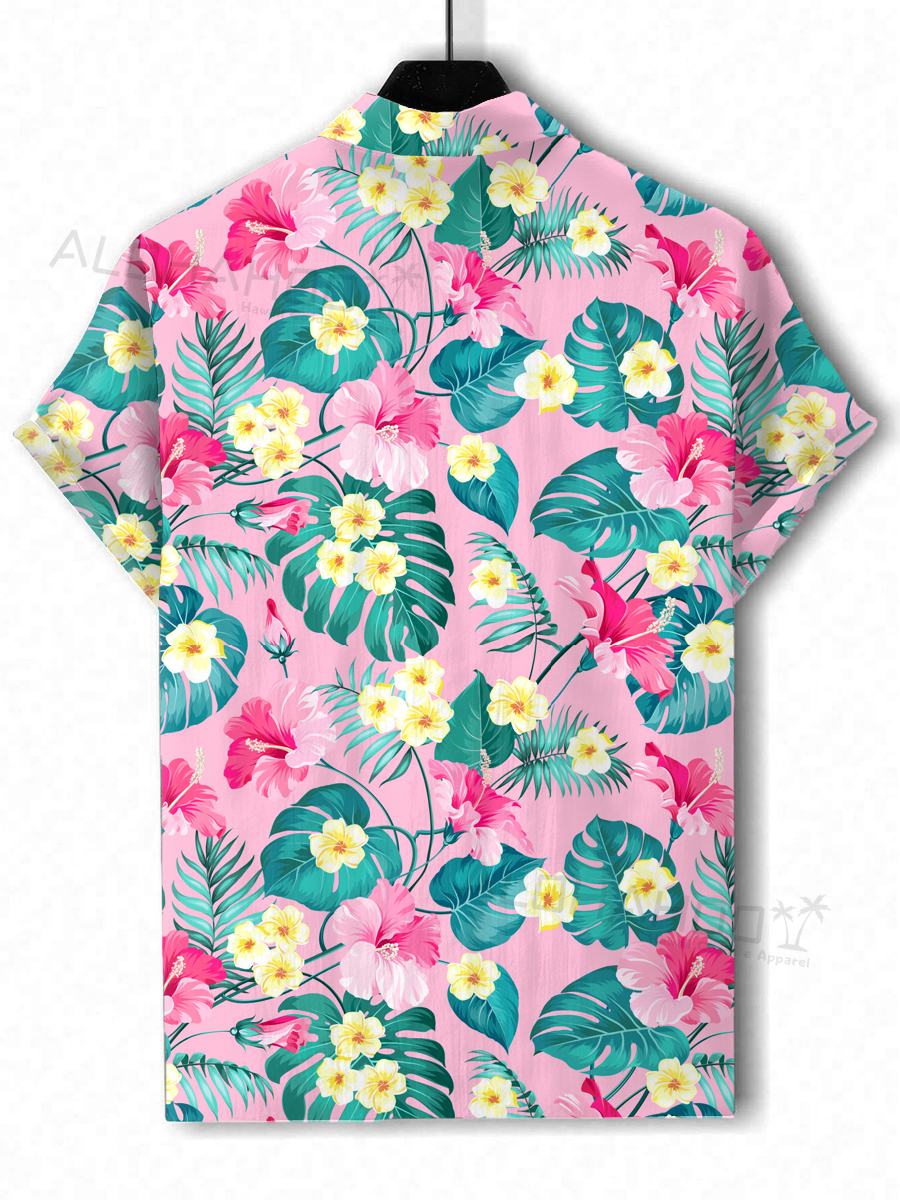 Men's Hawaiian Shirts Tropical Hibiscus Palm Pattern Loose Short-Sleeved Shirt