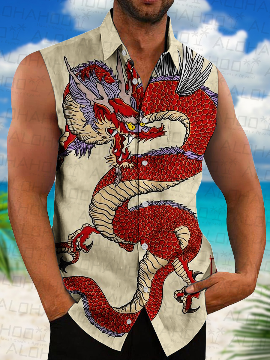 Men's Hawaiian Shirts Japanese Style Dragon Print Sleeveless Shirts