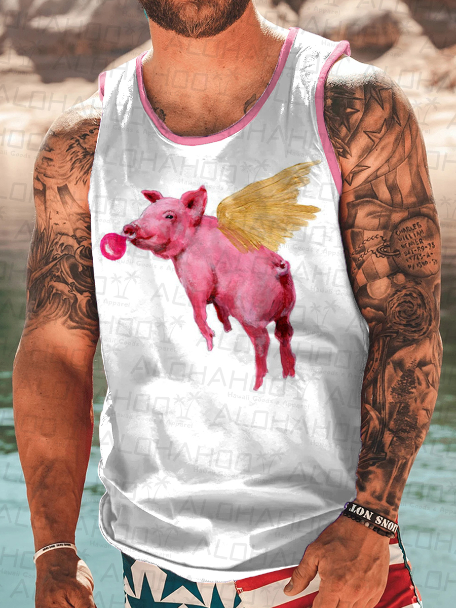 Men's T-Shirt Pink Flying Pig Print Top Sleeveless T-Shirt