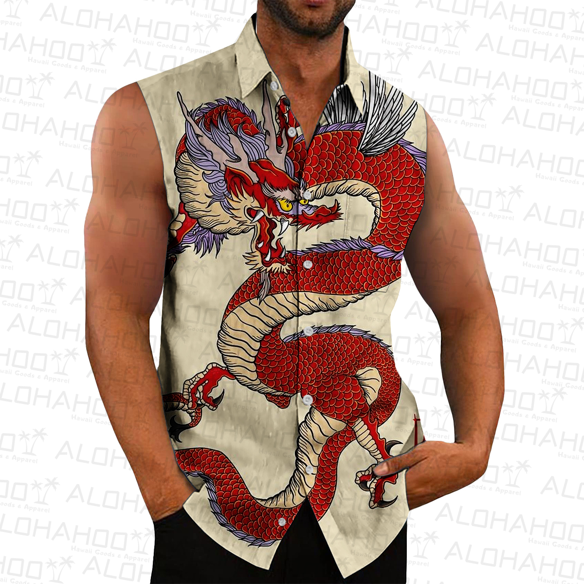 Men's Hawaiian Shirts Japanese Style Dragon Print Sleeveless Shirts
