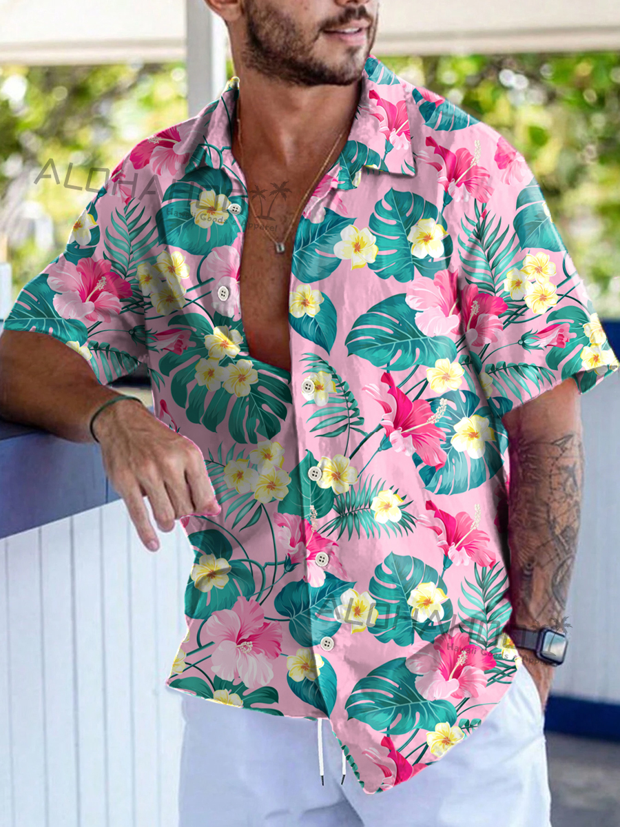 Men's Hawaiian Shirts Tropical Hibiscus Palm Pattern Loose Short-Sleeved Shirt