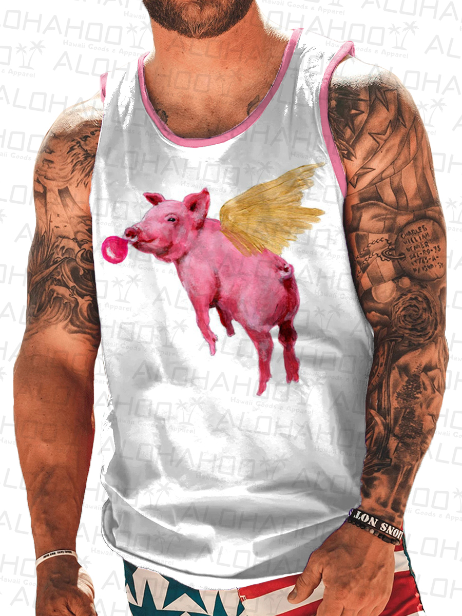 Men's T-Shirt Pink Flying Pig Print Top Sleeveless T-Shirt