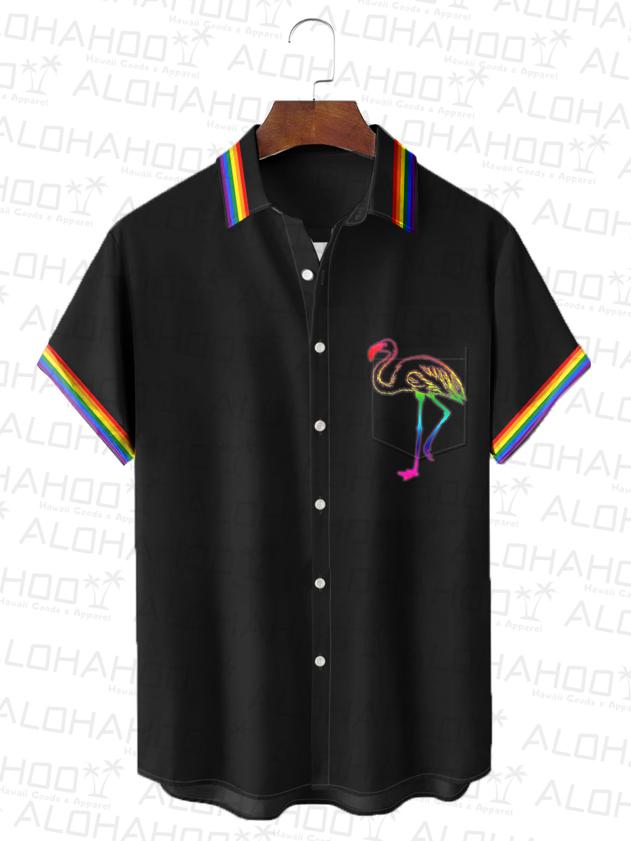 Men's Hawaiian Shirt Rainbow Stripes Flamingo Print Beach Easy Care Short Sleeve Shirt