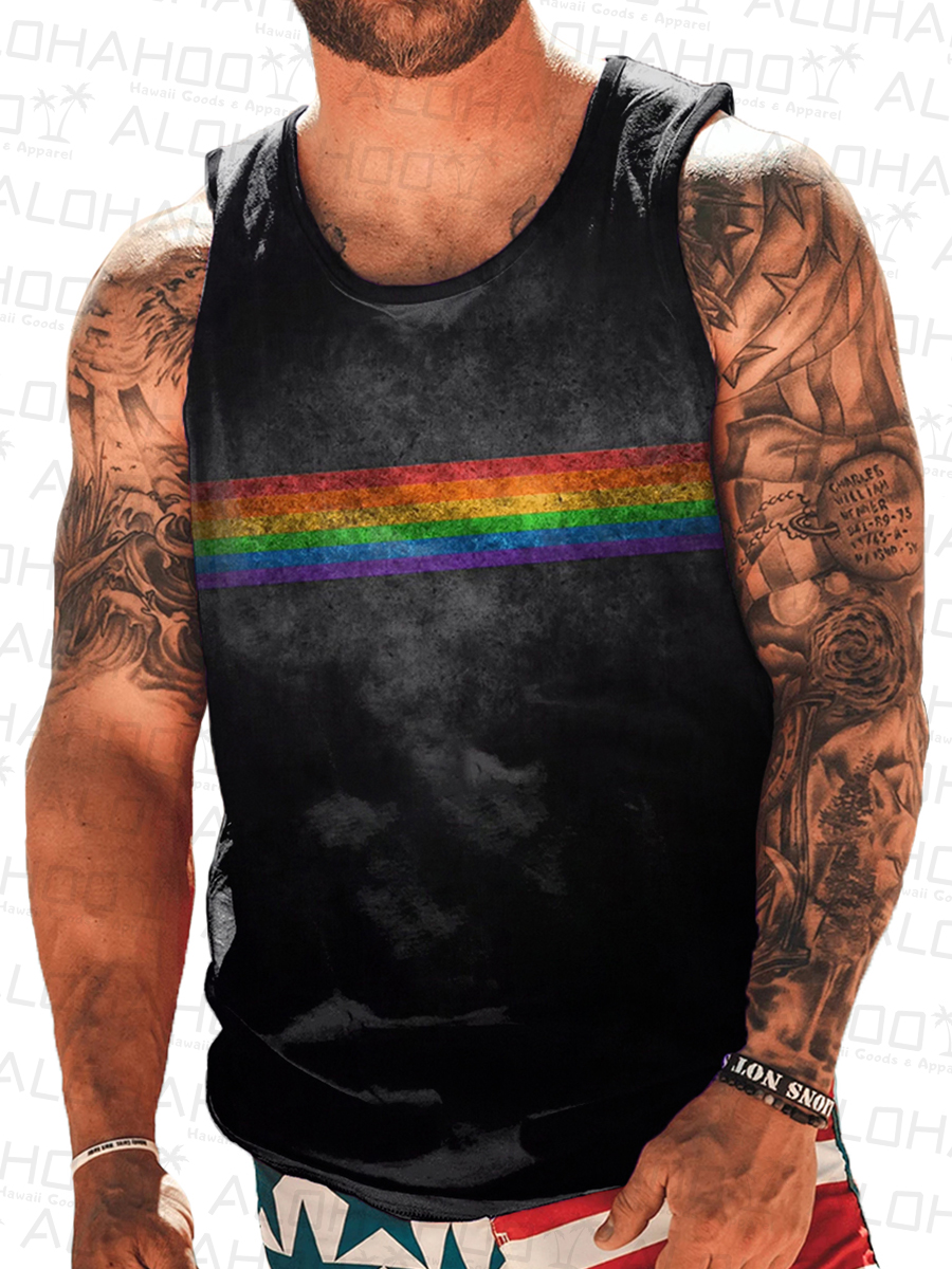 Men's Retro Rainbow Print Crew Neck Tank Top Muscle Tee