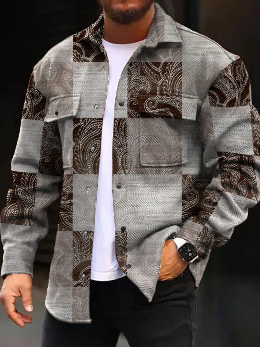 Men's Casual Jacket Vintage Paisley Plaid Pattern Long Sleeve Pockets Shirt Jacket