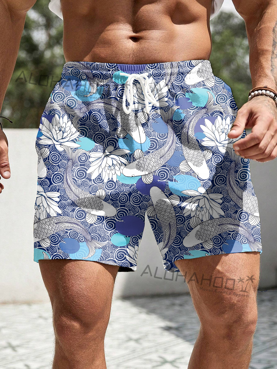 Men's Hawaiian Japanese Style Koi Pattern Beach Shorts