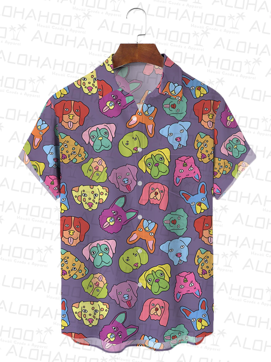 Colorful Dogs Print Chest Pocket Short Sleeve Bowling Shirt